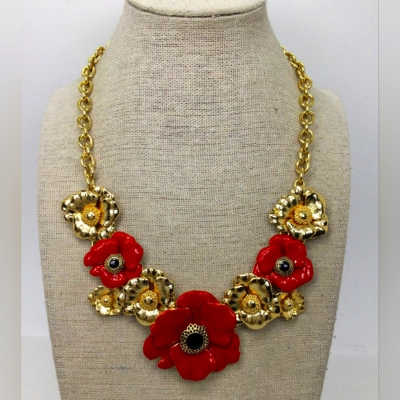 Talbots Jewelry - Talbots Red Enamel Goldtone Flower Statement Necklace EUC 17 1/2"+3"